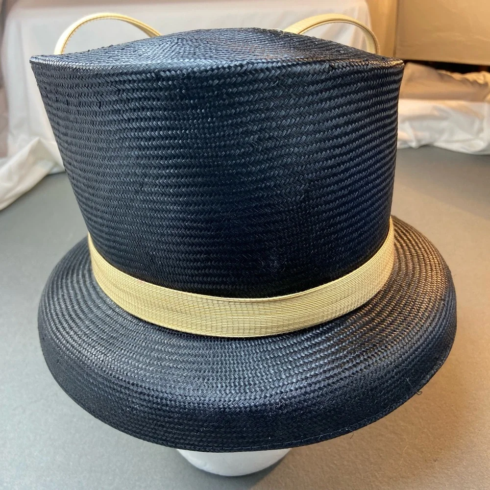 Philip Treacy London Asymmetrical‎ Navy Straw Hat with Sculptural Bow